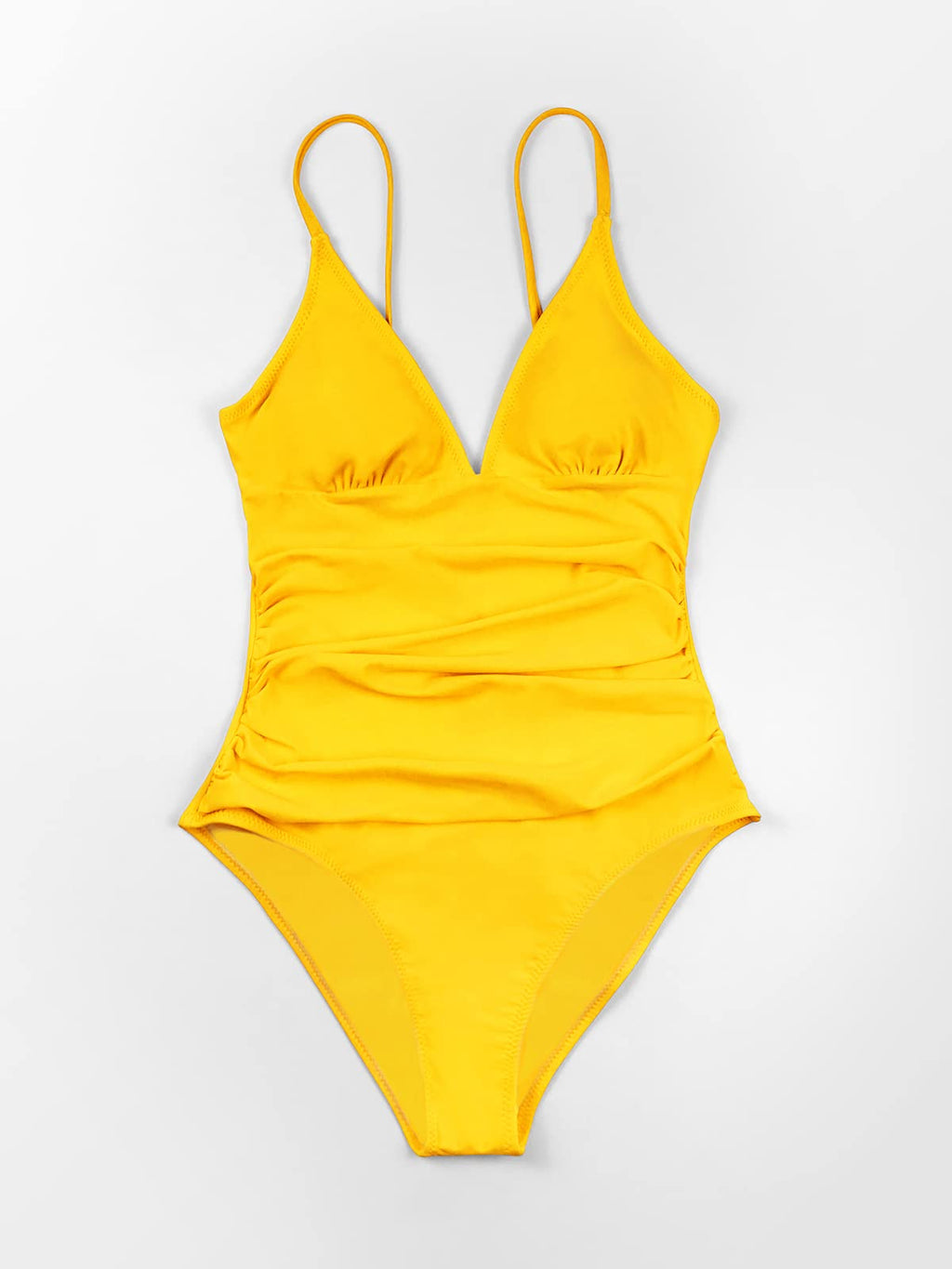 CUPSHE Women's Shirring Design V-Neck Low Back One Piece Swimsuit, S Yellow