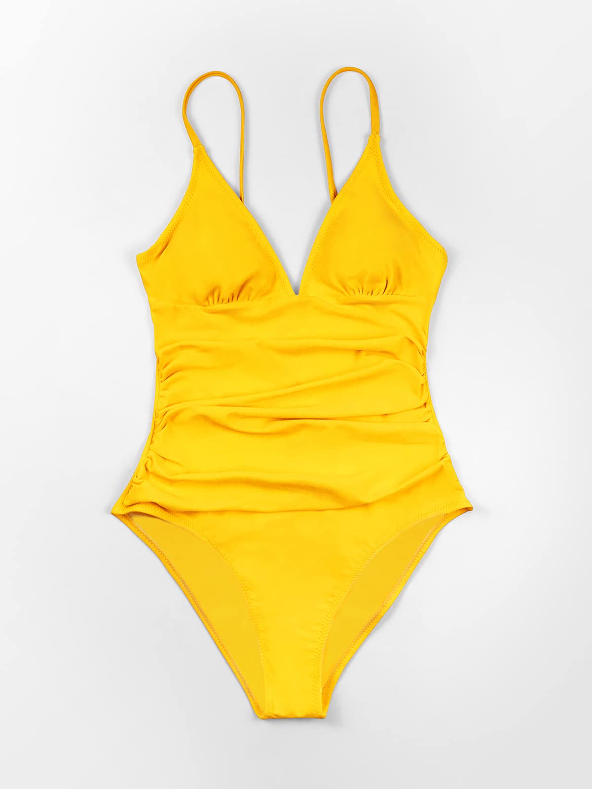 CUPSHE Women's Shirring Design V-Neck Low Back One Piece Swimsuit, S Yellow