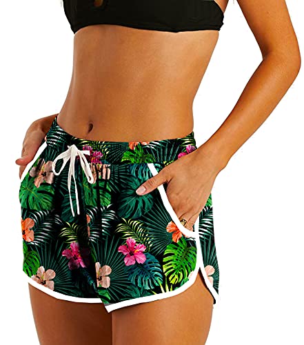 Women Board Shorts Hawaiian Tropical Print Beach Swim Shorts with Pockets - Medium Floral Palm