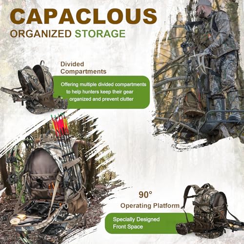 YVLEEN Forest Shadow Green Camo Hunting Backpack with Rifle & Bow Carry, Detachable Waist Pack