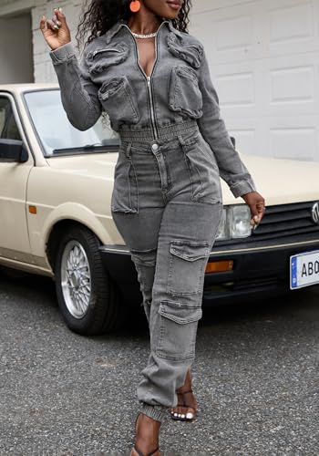 Grey Large Denim 2-Piece Women's Jean Outfit Set Cargo Y2K Streetwear