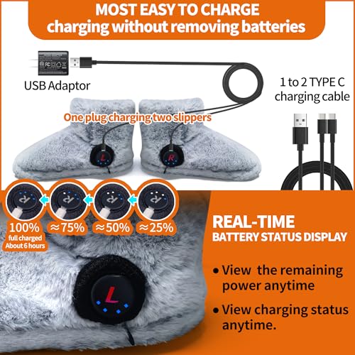 Ewarmer Gray Large Rechargeable Heated Slippers for Women, Graphene Heating, 4-8 Hour Warmth