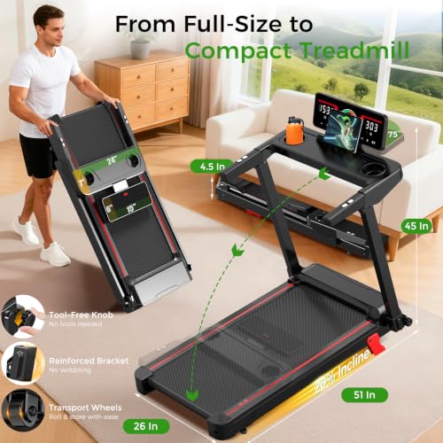 Foldable Walking Pad Treadmill with Handle Bar, Quiet 3.0HP Compact Home Exercise Machine