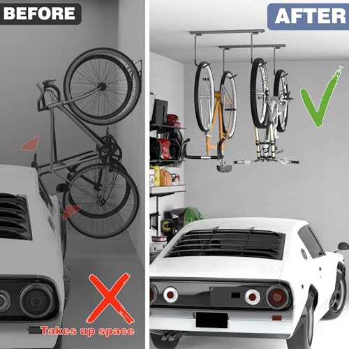 Ceiling Bike Rack for Garage - Holds 2 Bikes, Space Saving Ceiling Storage