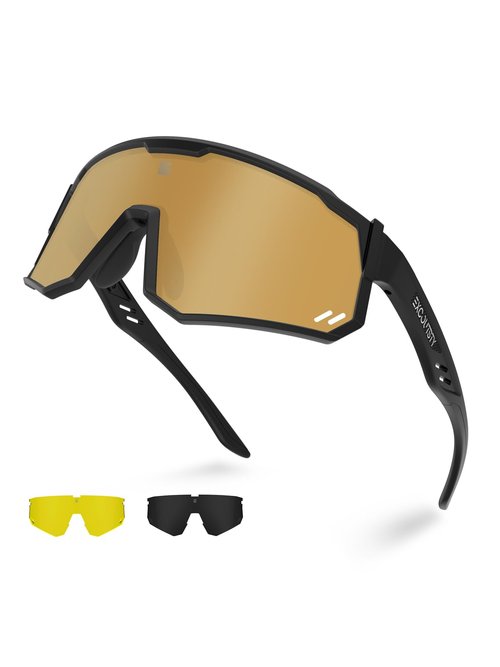 Excoutsty Polarized Sports Sunglasses for Men Women,UV400 Sports Windproof Cycling Sunglasses with 3 Interchangeable Lenses (Yellow)