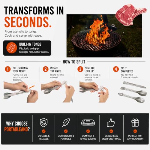 4-in-1 Camping Cutlery Set with Built-in Tongs Stainless Steel Compact Utensils