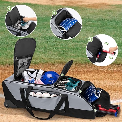 GOBUROS Rolling Baseball & Softball Gear Bag with Wheels, Multiple Pockets