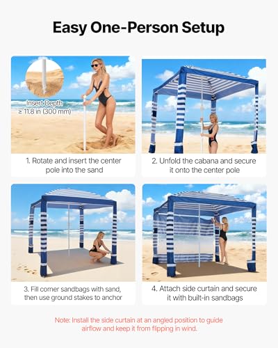 Beach Cabana 8x8 ft with Side Wall Navy Stripes UPF 50+ Sun Shelter Portable Shade