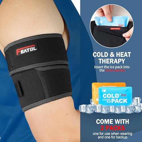 FEATOL Bicep Tendonitis Brace with 2 Gel Ice Packs - Black, M (10-12")
