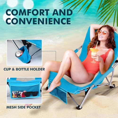 AKSOUL Blue Folding Beach Chairs 2 Pack - Portable Lightweight Sand Chairs with Cup Holders for Adults, Outdoor Camping & Lawn