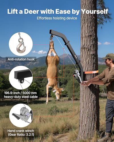 Tree Mounted Deer Hoist 353 lbs Load Capacity Hunting Game Lift Winch with Ratchet Strap