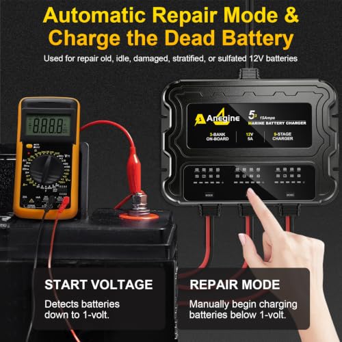 Anegine 15A 3-Bank Marine Battery Charger 12V Waterproof LCD for Lead-Acid & Lithium