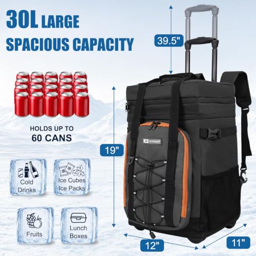 Black Backpack Cooler with Wheels - 50 Can Rolling Cooler with Handle, 2-in-1 Trolley for Beach Camping Travel