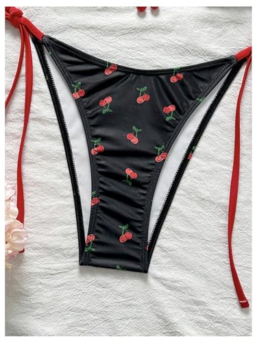 Women's 2-Piece Cherry Print Bikini Set - Side Tie Halter, Medium / Black & Red