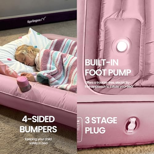 Pink Toddler Travel Bed with Safety Bumpers & Built-in Pump - Portable Kids Mattress