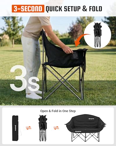 KingCamp Double Camping Chair 2-Person Folding Chair with Cup Holders - Black, 660lbs