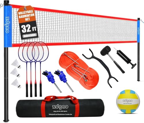 Zdgao 20FT/32FT Volleyball & Badminton Combo Set with Net and Accessories - Red & Blue, Outdoor Recreation