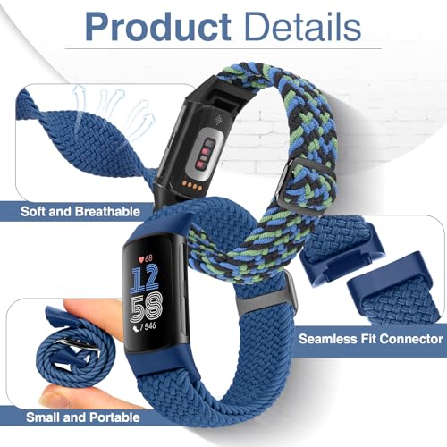Braided Stretchy Nylon Watch Bands for Fitbit Charge 6/5 - Black, Blue & Camouflage