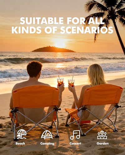 AKSOUL Orange Folding Beach Chair for Adults - Wide Seat, Low & High Back, Pack of 2