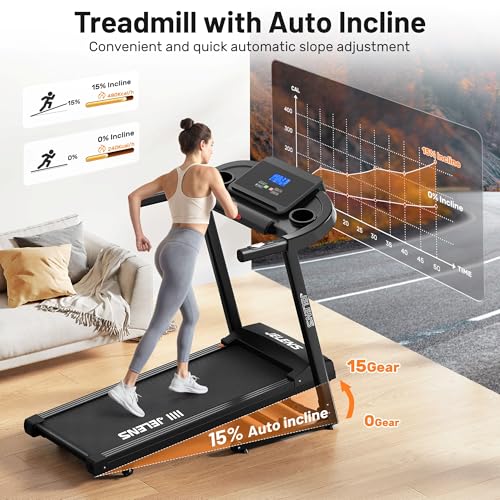 Black JELENS Foldable Home Treadmill with 15% Auto Incline, 3.0HP Quiet Motor, 330LBS Capacity