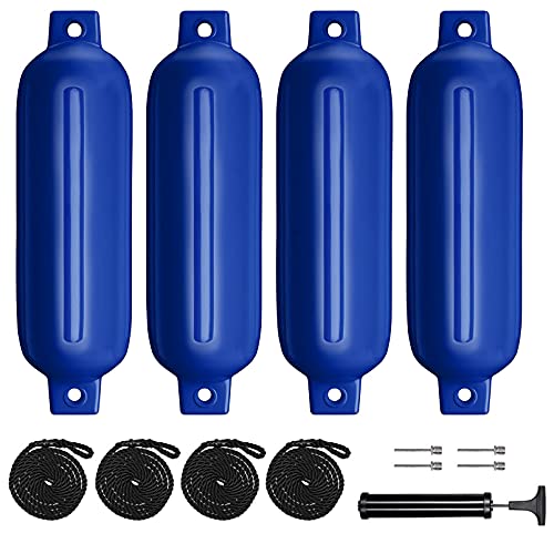 Blue 6.5 Inch Inflatable Ribbed Boat Fenders 4 Pack for Docking Yachts