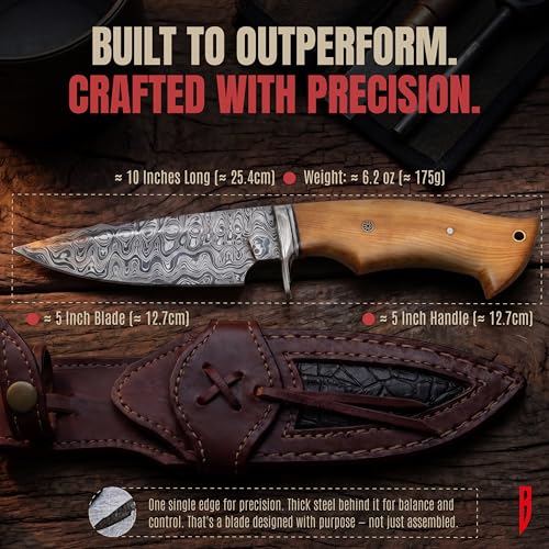 BIGCAT ROAR Damascus Olive Handcrafted Steel Fixed Blade Hunting Knife 10"