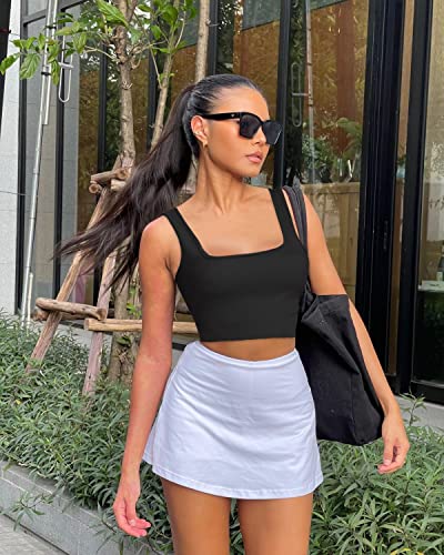 Women's Crop Tank Tops 3-Pack Square Neck Workout Tops - Large Black Brown Beige