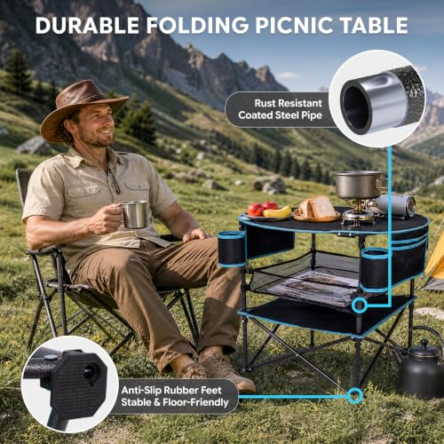 FUNDANGO Foldable Camping Table with Removable Mesh Shelf & 4 Cup Holders - Black
