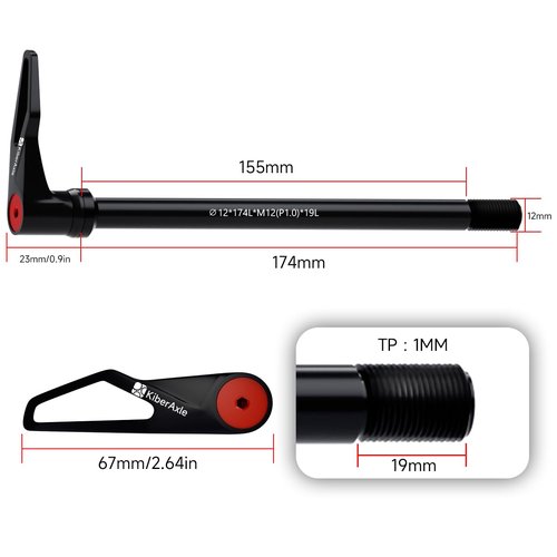 KiberAxle 12mm Quick Release Thru Axles for Bike Forks and Rear Shock, Mountain and Road Bike Aluminum Alloy Hubs Adapter Axle with Adjustable Revolve Handle, Thread Pitch: 1.0 mm/Length: 174mm