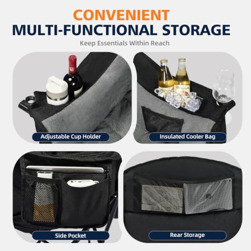 Oversized Heavy Duty Camping Chair with Cooler Bag & Padded Seat - Black, Non-Heating
