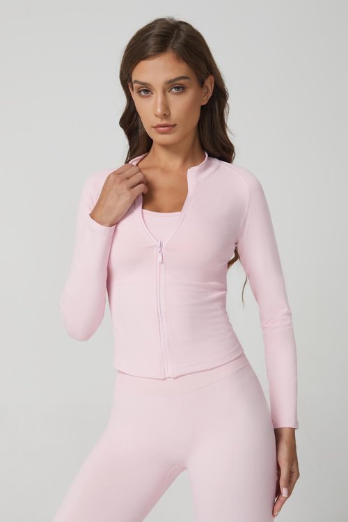 QINSEN Workout Set for Women Slim Fit Long Sleeve Athletic Tops High Waist Yoga Leggings Gym Sets Pink M