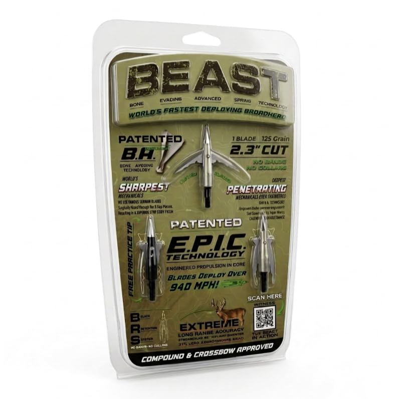 125 Grain Bowmar Archery Beast Broadheads - Fast Deploying Mechanical, Sharp Penetration, Practice Tip Included