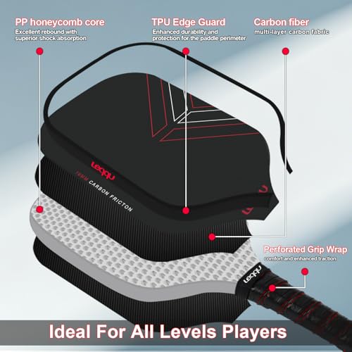 Lequq 16mm T700 Raw Carbon Fiber Pickleball Paddles Set of 2 - Red Variation for Beginners