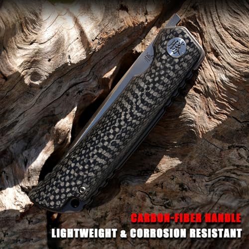 Black Carbon Fiber Handle Folding Knife 154CM Steel, 3.5" Blade, Liner Lock, Camping & Hiking
