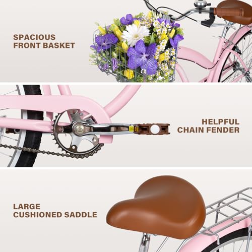 Pink 26-Inch Beach Cruiser Bike for Men Women City Commuter Bicycle