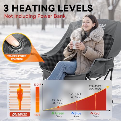 Huskfirm 1 Pack Oversized Heated Camping Chair with USB, 3 Adjustable Heat Levels, Grey