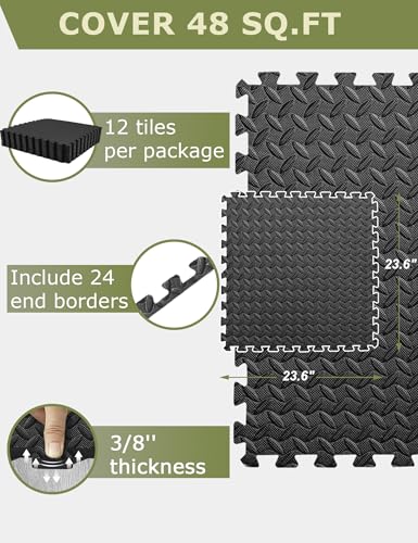 innhom 12 Black Interlocking Gym Floor Tiles - 48 Sq. Ft. Exercise Mats