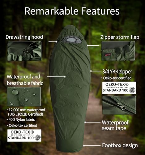 Litume Waterproof Mummy Bivy Sack Sleeping Bag Cover - Army Green, Lightweight & Compact Shelter for Camping & Backpacking