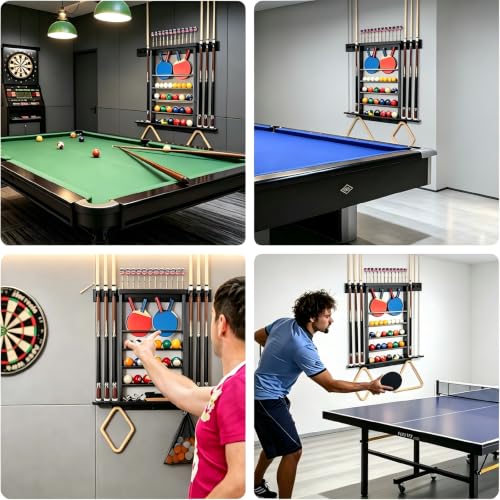 Onemacc 30x3.2x29in Solid Wood Pool Cue Rack & 3-in-1 Billiard, Dart, Table Tennis Storage