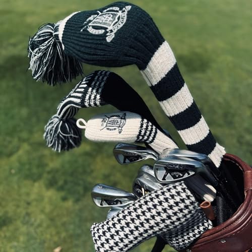 Wool Knit Golf Head Cover Set - Cream & Green for Drivers, Fairways & Hybrids