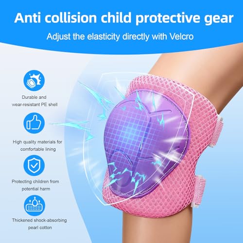 Kids Knee and Elbow Pads Wrist Guards Set - Purple Pink, S (3-7 Years)