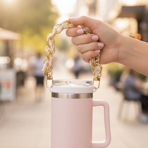 Biddlebee Tumbler Handle & Strap with Gold Chain and Pearls – Designer-Inspired Cup Holder for Stanley, Owala, Hydroflask – Carrying Strap for Water Bottles, Mugs, Strollers, Bags – Posh Pearl