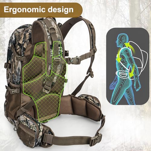 YVLEEN Forest Shadow Green Camo Hunting Backpack with Rifle & Bow Carry, Detachable Waist Pack