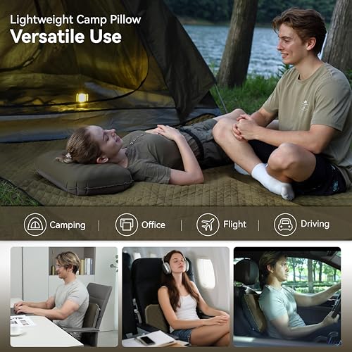 Lightweight Inflatable Camping Pillow with Soft Foam Top - Green