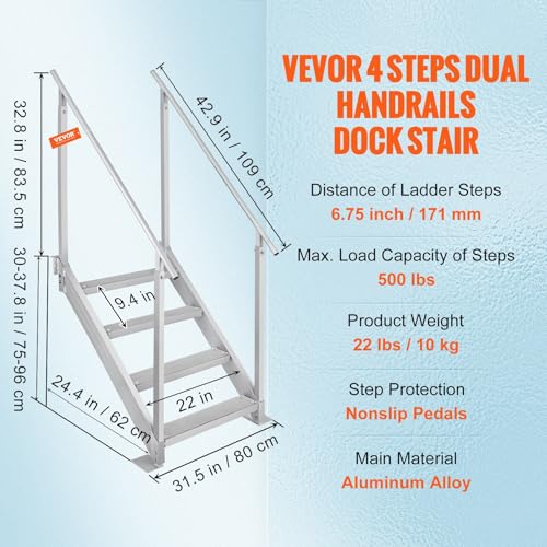 New 4-Step Aluminum Dock Ladder with Handrails - Adjustable Marine Pool & Lake Steps