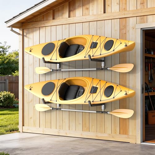 TORACK Wall-Mounted Kayak Rack for 2 Kayaks, Heavy Duty Garage Storage with Paddle Hooks
