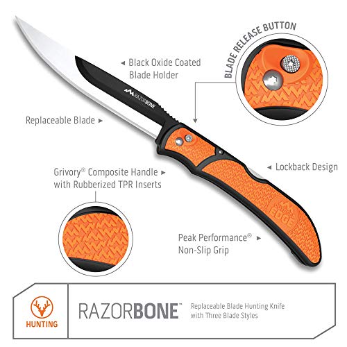 Outdoor Edge RazorBone Replaceable Blade Folding Hunting Knife - Blaze Orange, Camo Sheath, 6 Blades