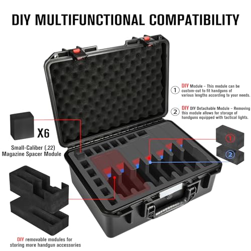 TSA Pistol Gun Case for 7 Handguns - Black, Waterproof & Lockable