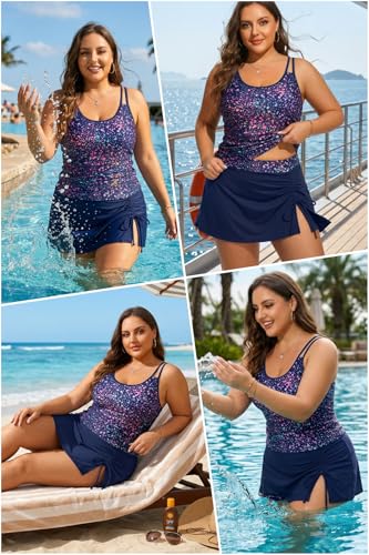 Women Plus Size Tankini with Swim Skirt Tummy Control - 16 Plus Starry Sky