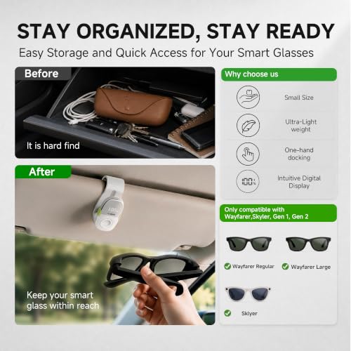 AUGMO Car Visor Charger for Ray-Ban Meta Gen 1, 2 & 3 - White